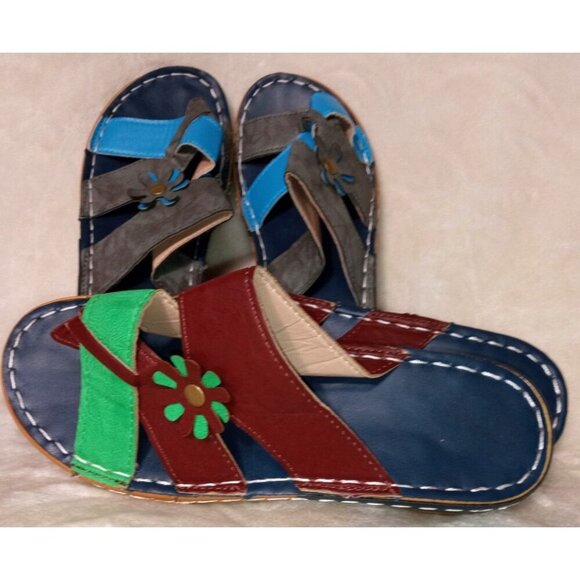 Two Pairs Multicolor Leather Sandals With Flower Detail - Women's Summer Slip- - Picture 1 of 12